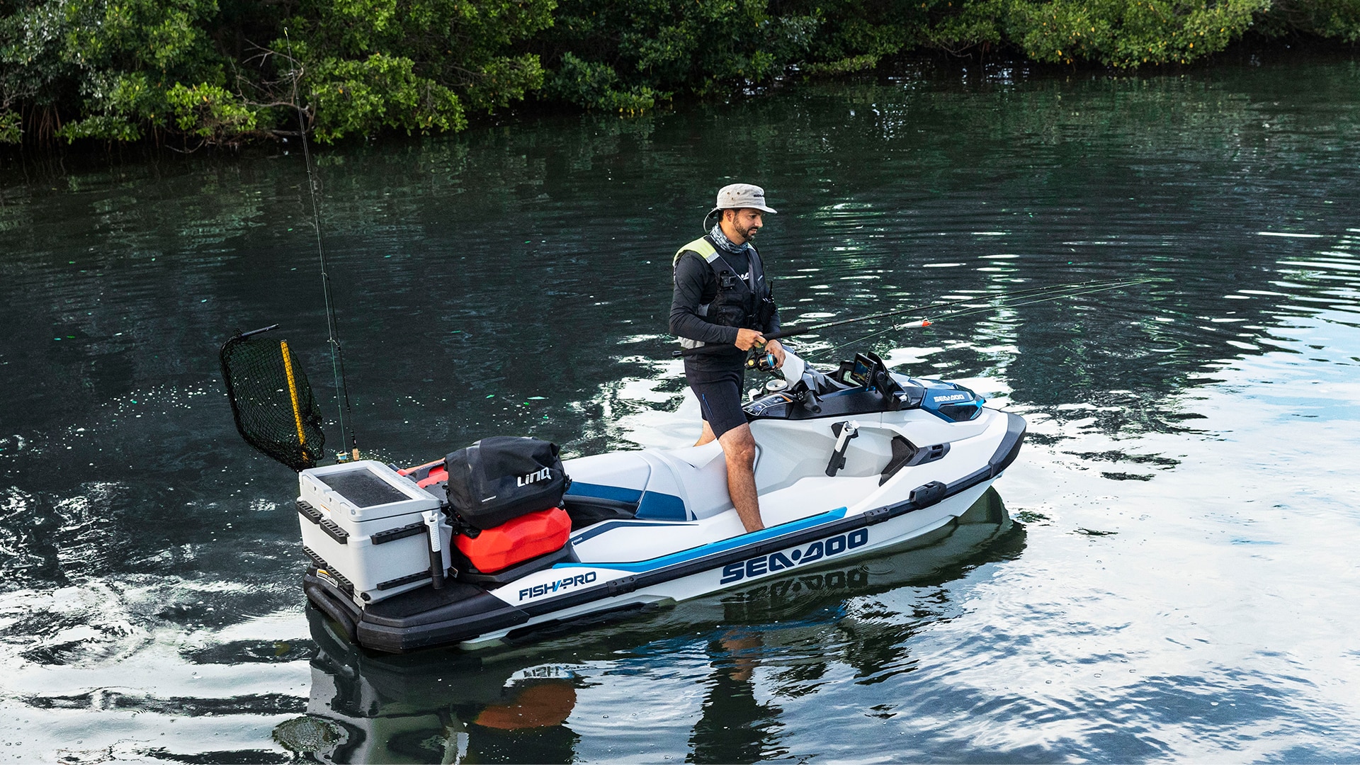 Man fishing from a fully equipped Sea-Doo FishPro Sport