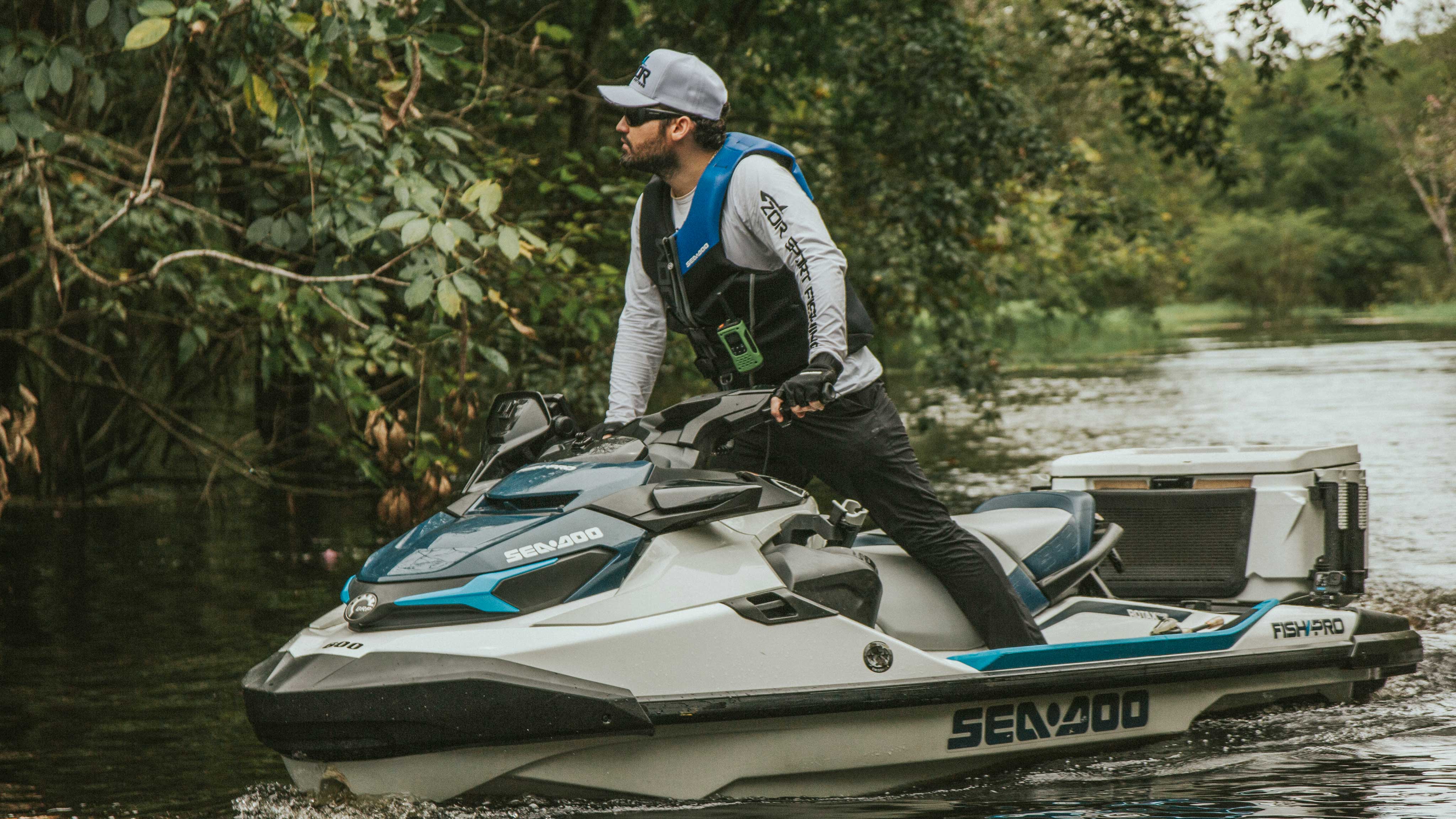 Fernando Zor driving a Sea-Doo FishPro Sport in Amazonia