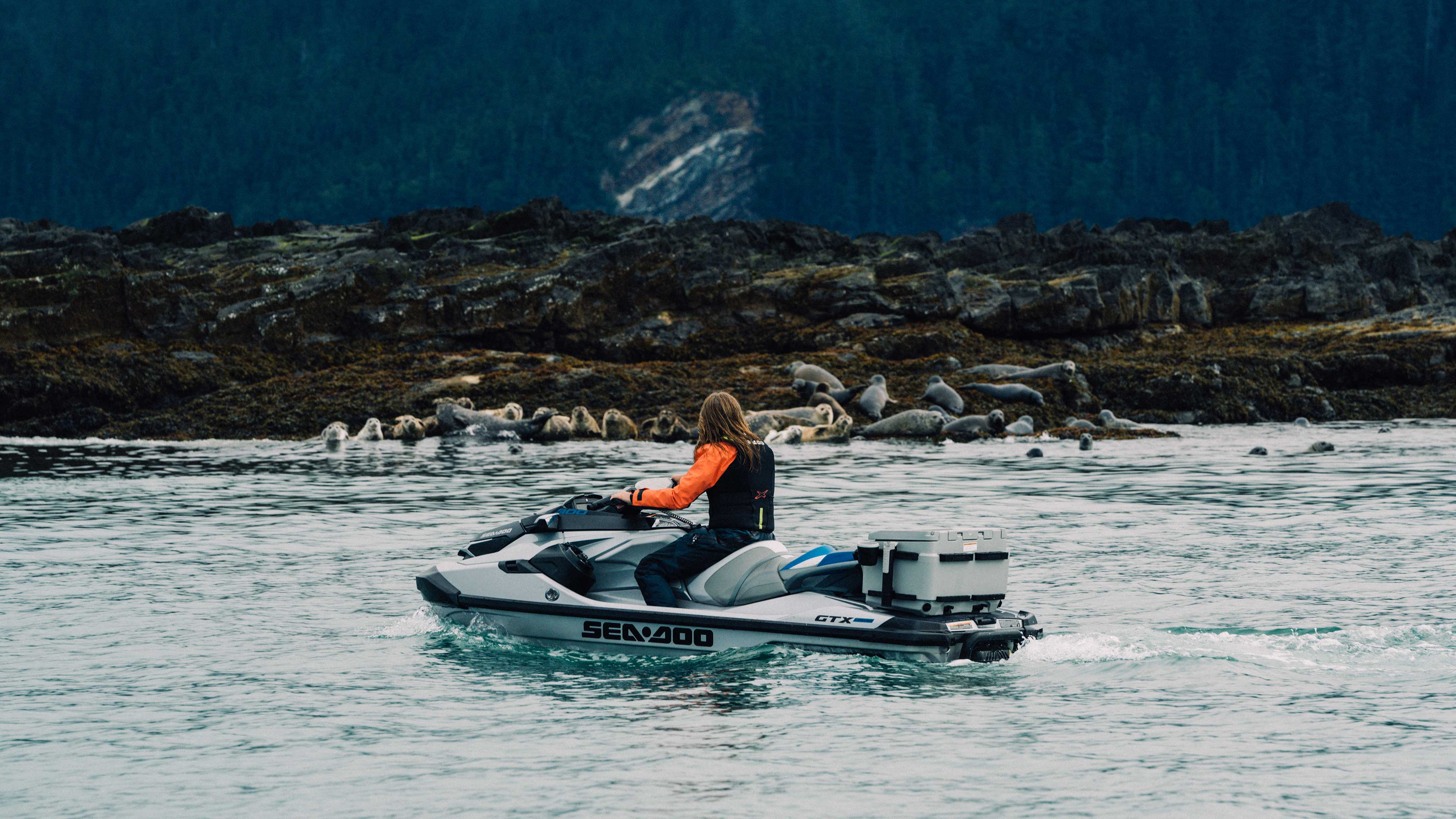 Michelle Oakley sur un Sea-Doo en train de regarder des phoques sur le rivage