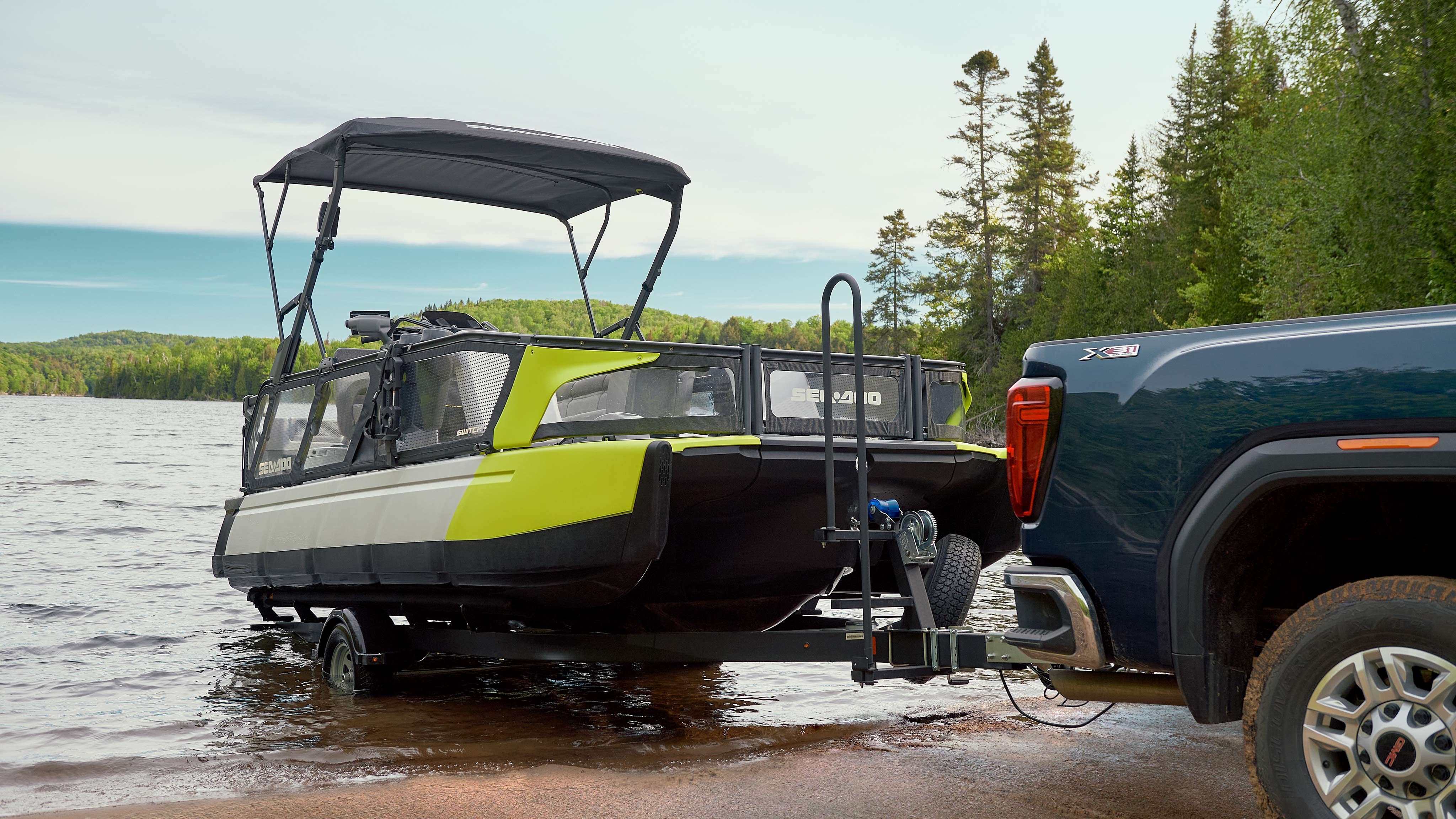 Sea-Doo Switch Pontoon on a trailer before launching