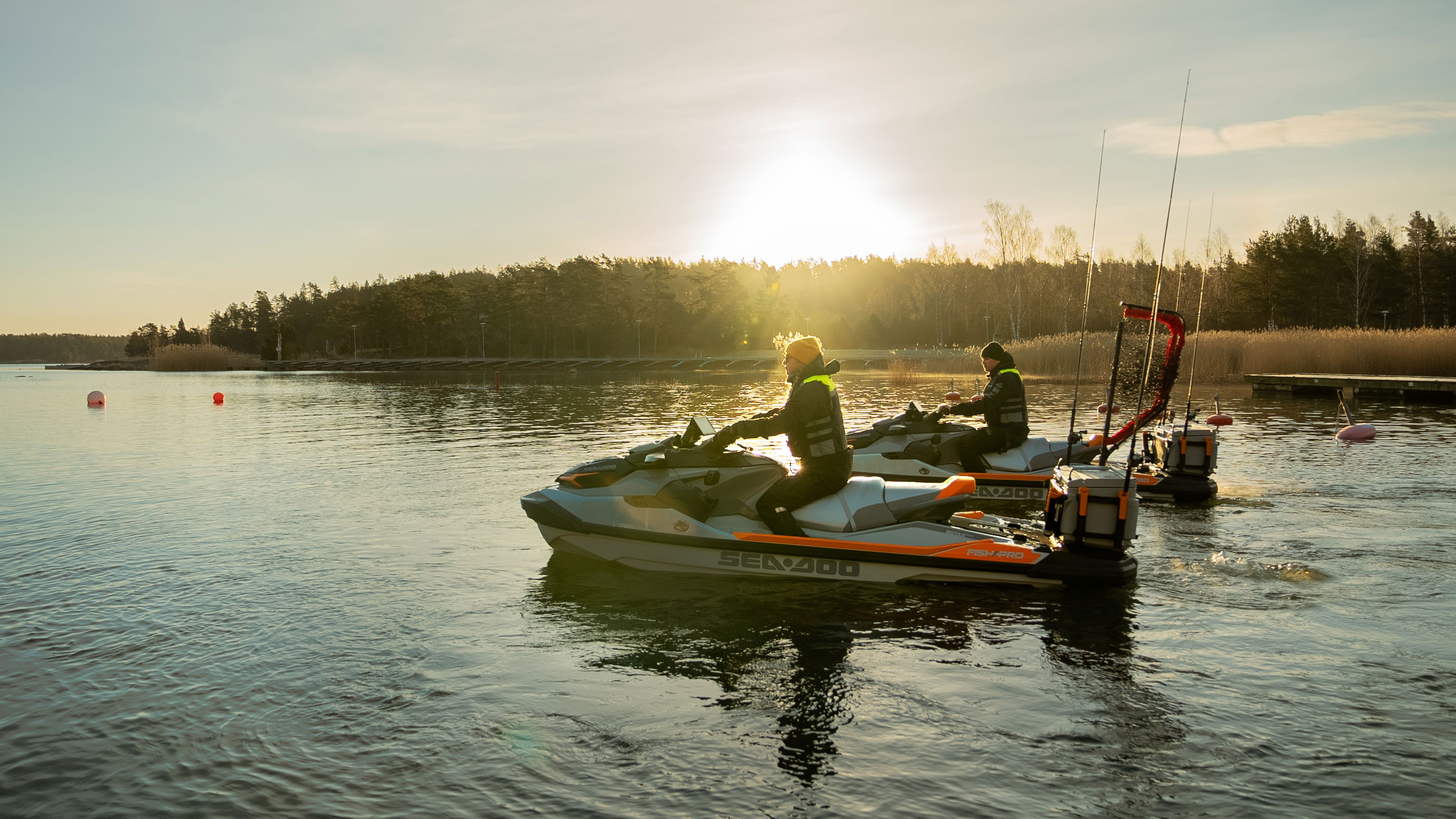 Matilda and her boyfriend riding Sea-Doo PWC at sunset in Lake Vänern, Sweden