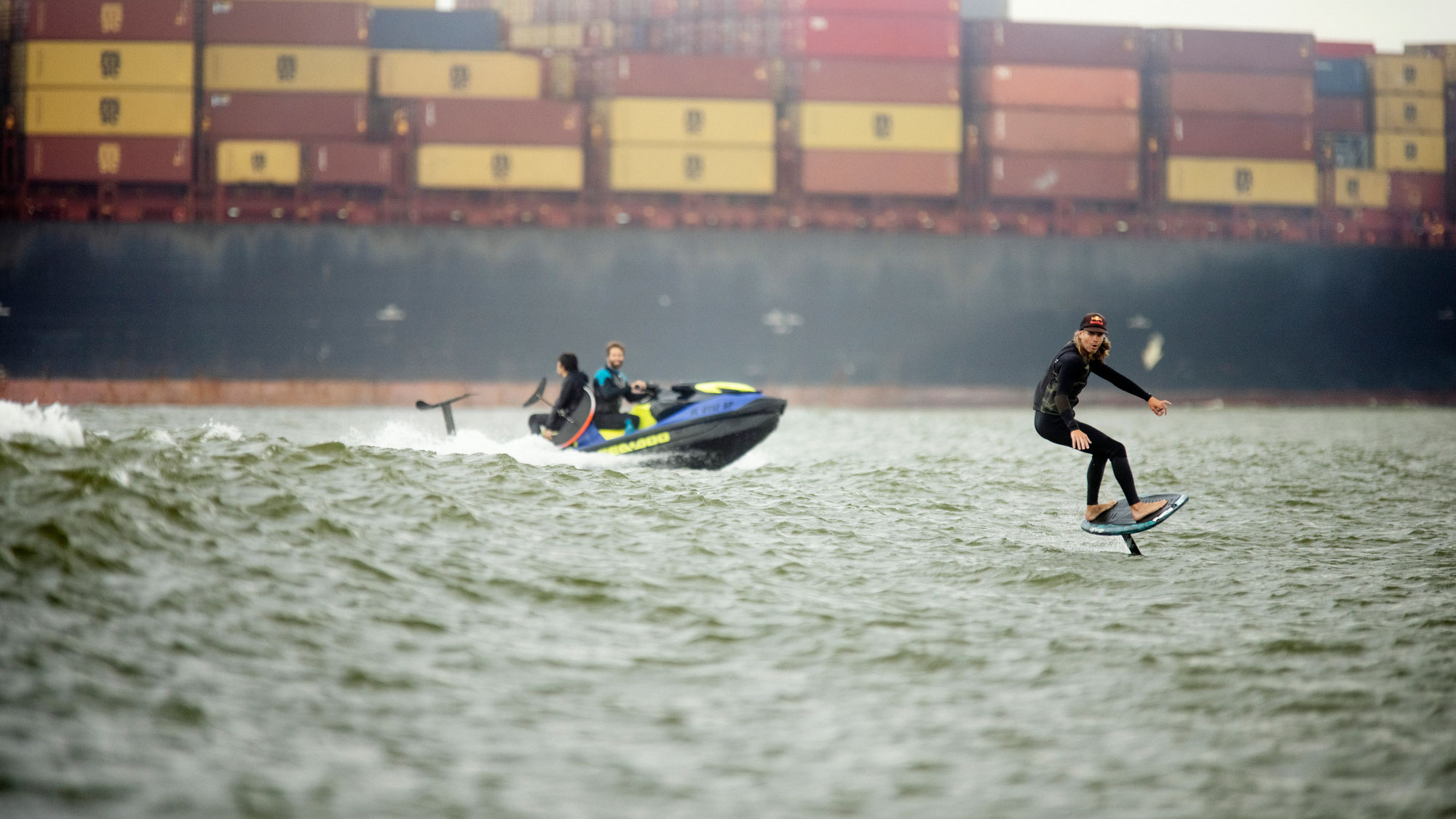 Nick Taylor and his crew catching waves in one of the world's busiest shipping waterways.