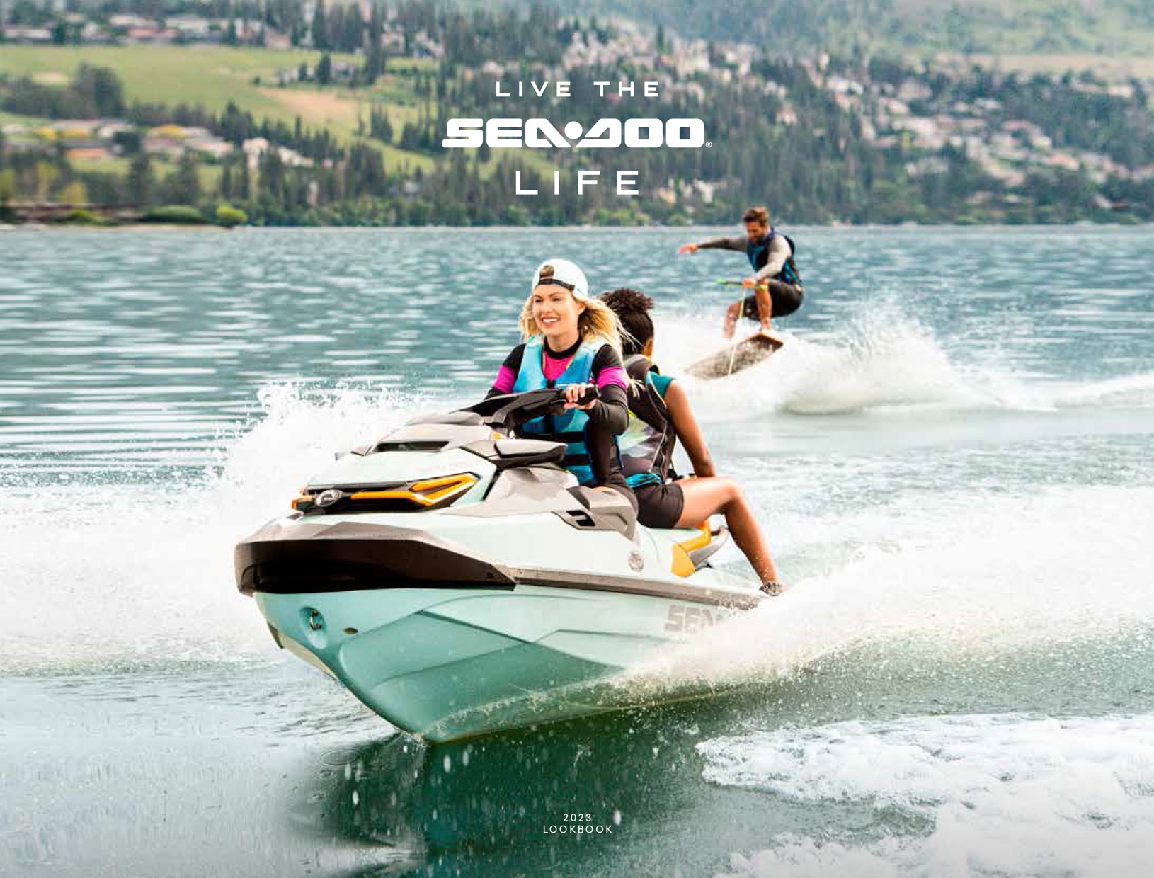 Group of friends towing a wakeskater behind a 2023 Sea-Doo Wake Pro 230