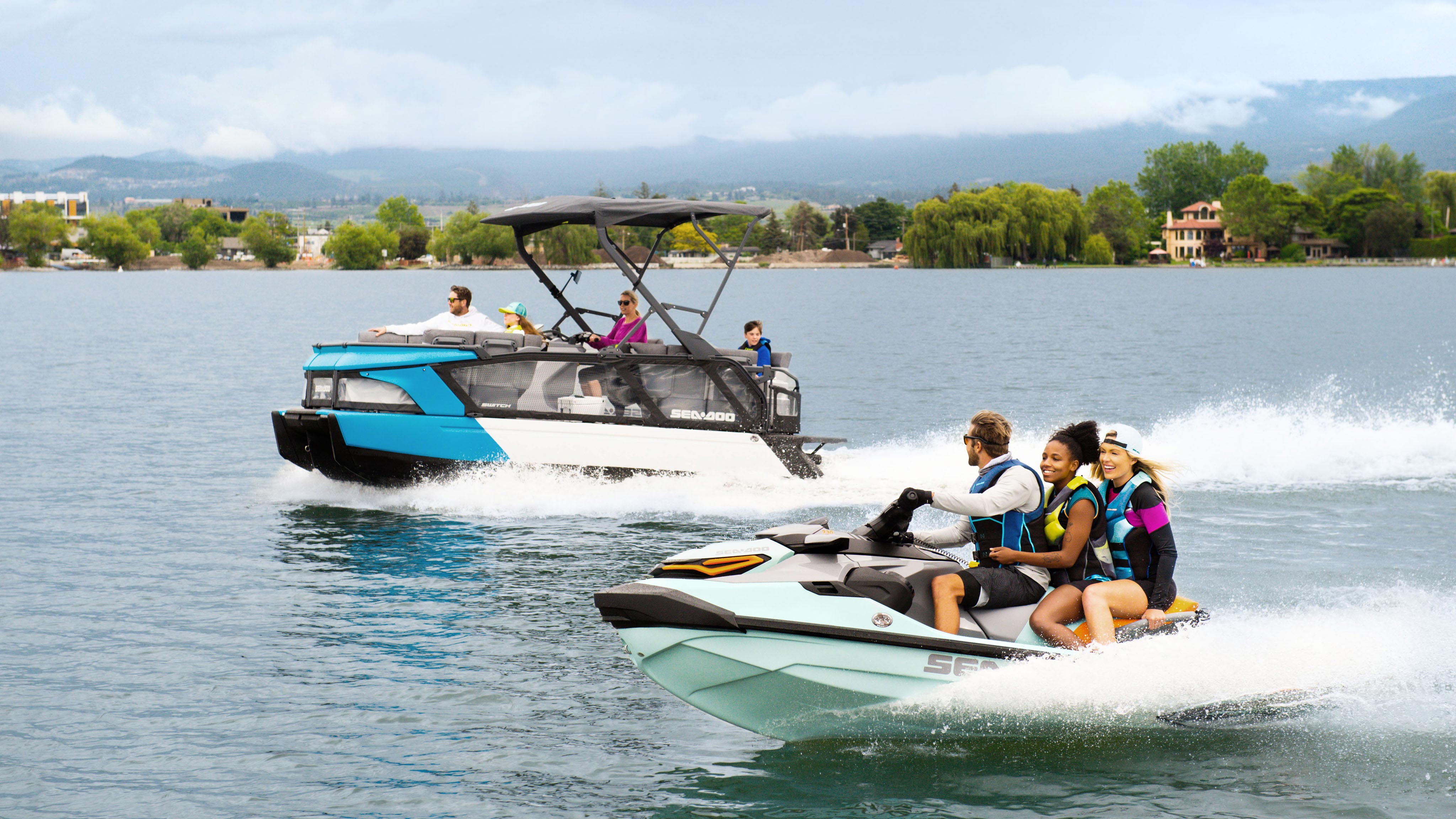 Family on a Sea-Doo Switch followed by friends on a Wake Pro